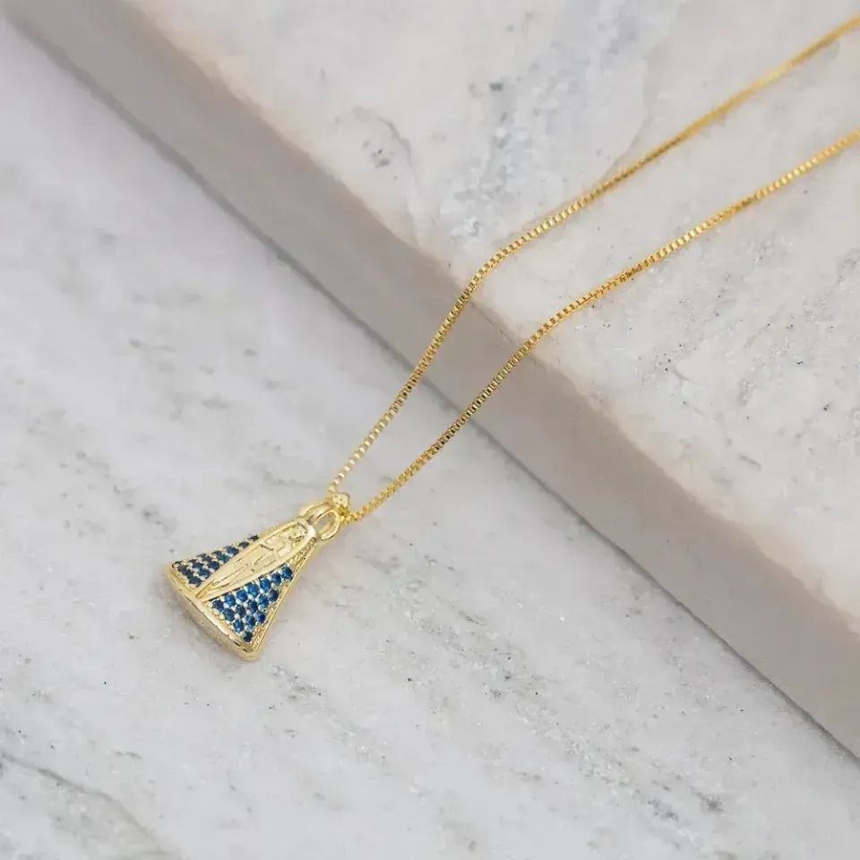 COLAR NOSSA SENHORA M COM ZIRCÔNIAS AZUL BANHO OURO 18K