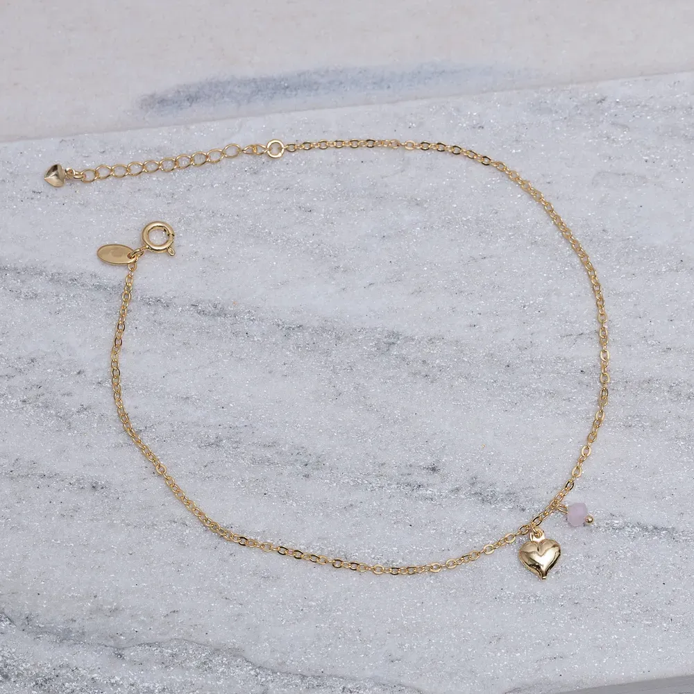 TORNOZELEIRA CORAÇÃO COM CRISTAL ROSA BANHO OURO 18K