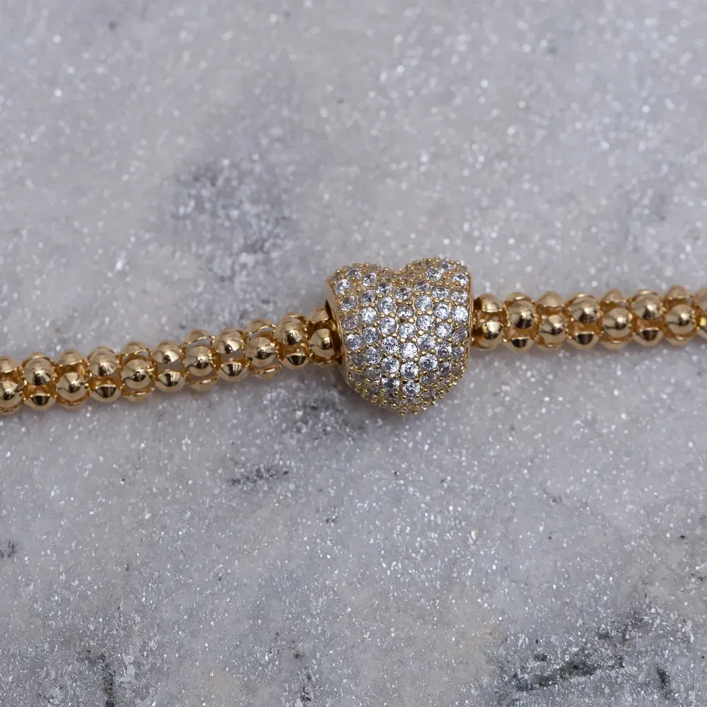 PULSEIRA OCA COM BERLOQUE CORAÇÃO CRAVEJADO BANHO OURO 18K
