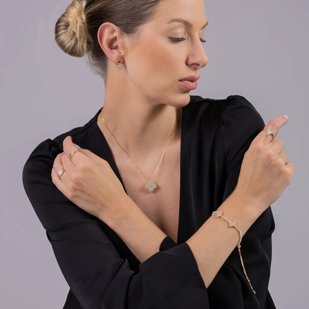 CONJUNTO VIRGINIA CRAVEJADO BANHO OURO 18K
