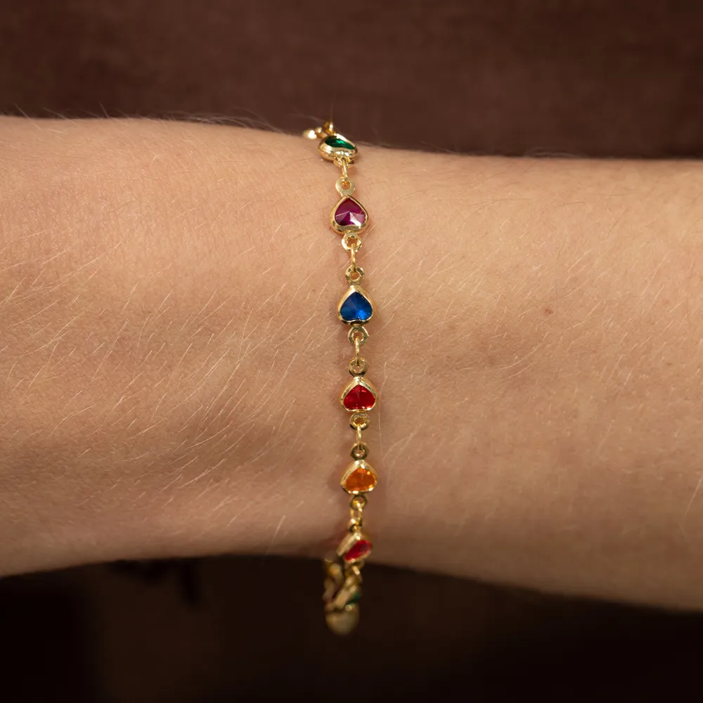 PULSEIRA INFANTIL CORAÇÕES COLORIDOS BANHO OURO 18K