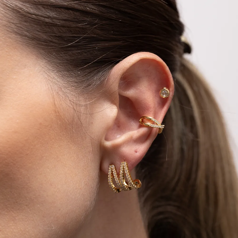 BRINCO EAR CUFF DUPLO CRAVEJADO BANHO OURO 18K