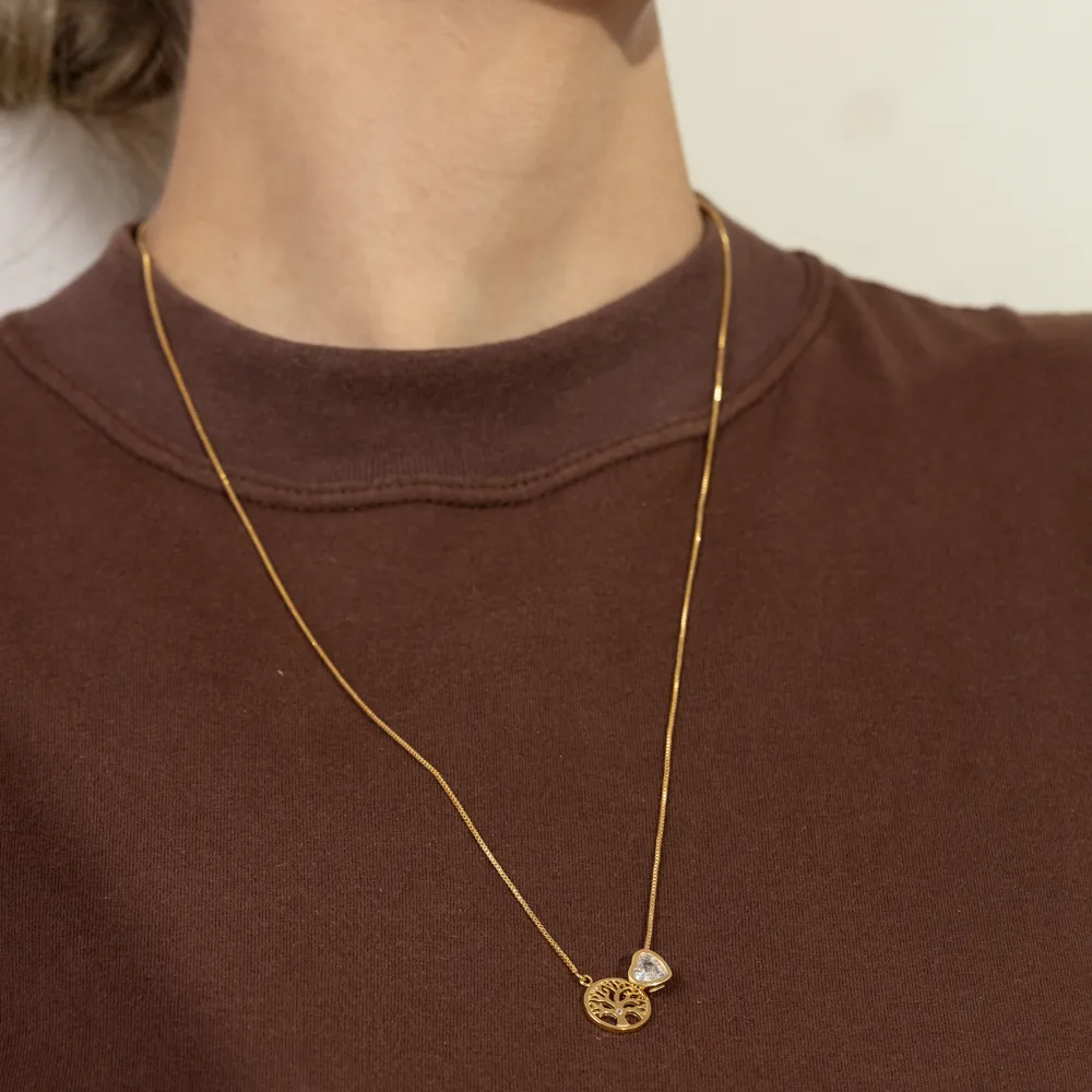 COLAR ESCAPULÁRIO ÁRVORE DA VIDA E CORAÇÃO BANHO OURO 18K