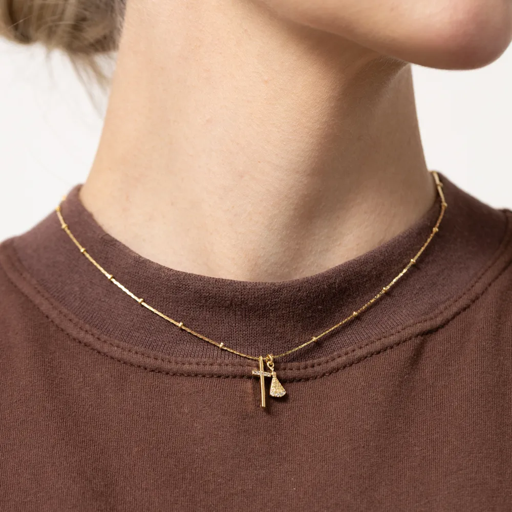 COLAR NOSSA SENHORA E CRUZ BANHO OURO 18K