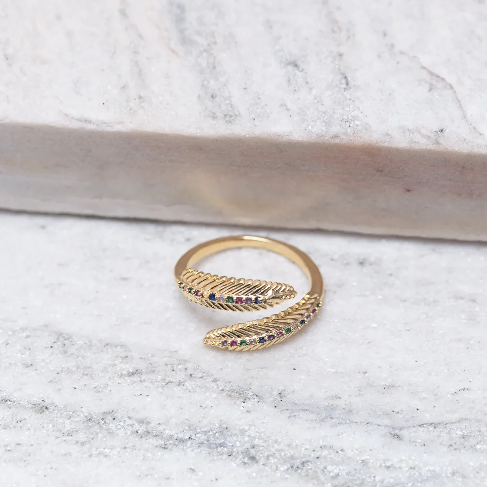 ANEL FOLHA COM ZIRCÔNIAS COLORIDAS REGULÁVEL BANHO OURO 18K