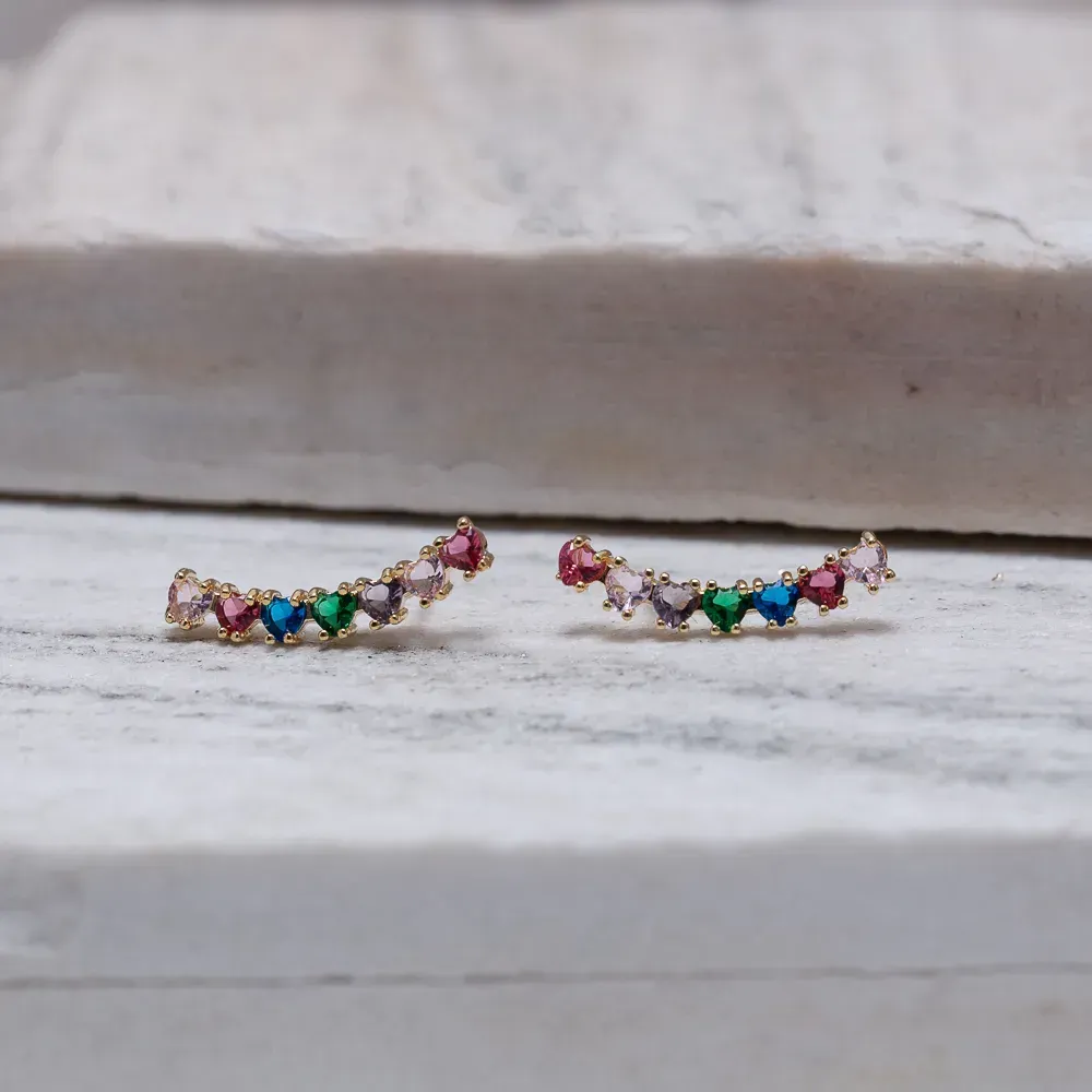 BRINCO EAR CUFF CORAÇÕES COLORIDOS BANHO OURO 18K