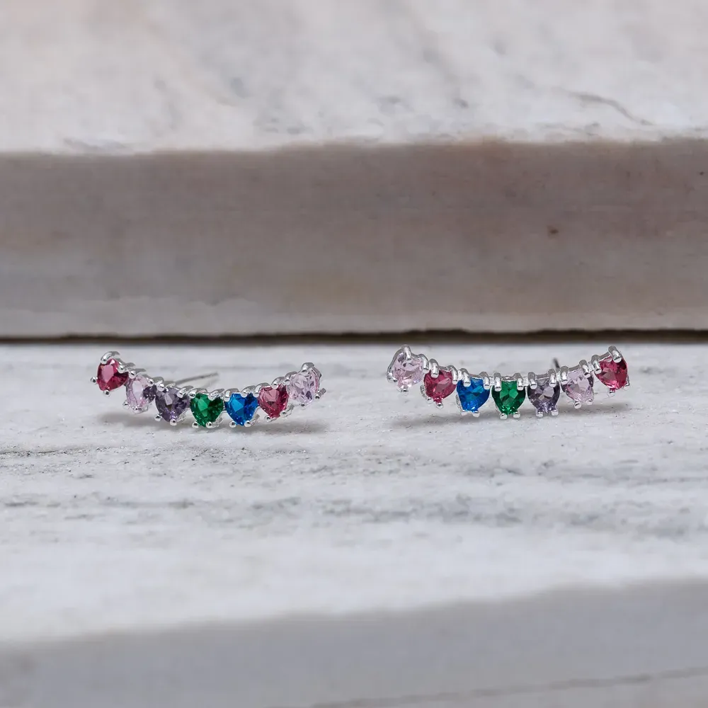 BRINCO EAR CUFF CORAÇÕES COLORIDOS BANHO PRATA