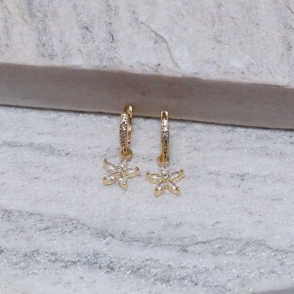 BRINCO ARGOLINHA COM FLOR CRISTAL BANHO OURO 18K