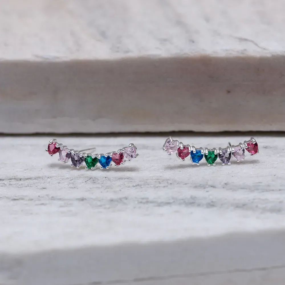 BRINCO EAR CUFF CORAÇÕES COLORIDOS BANHO PRATA