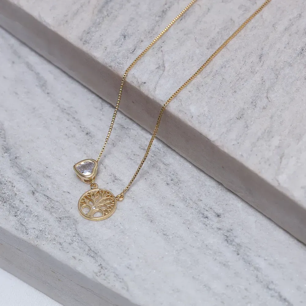COLAR ESCAPULÁRIO ÁRVORE DA VIDA E CORAÇÃO BANHO OURO 18K