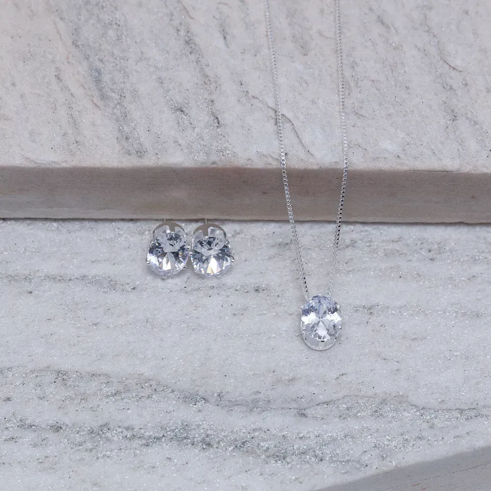 CONJUNTO PONTO DE LUZ OVAL CRISTAL BANHO PRATA