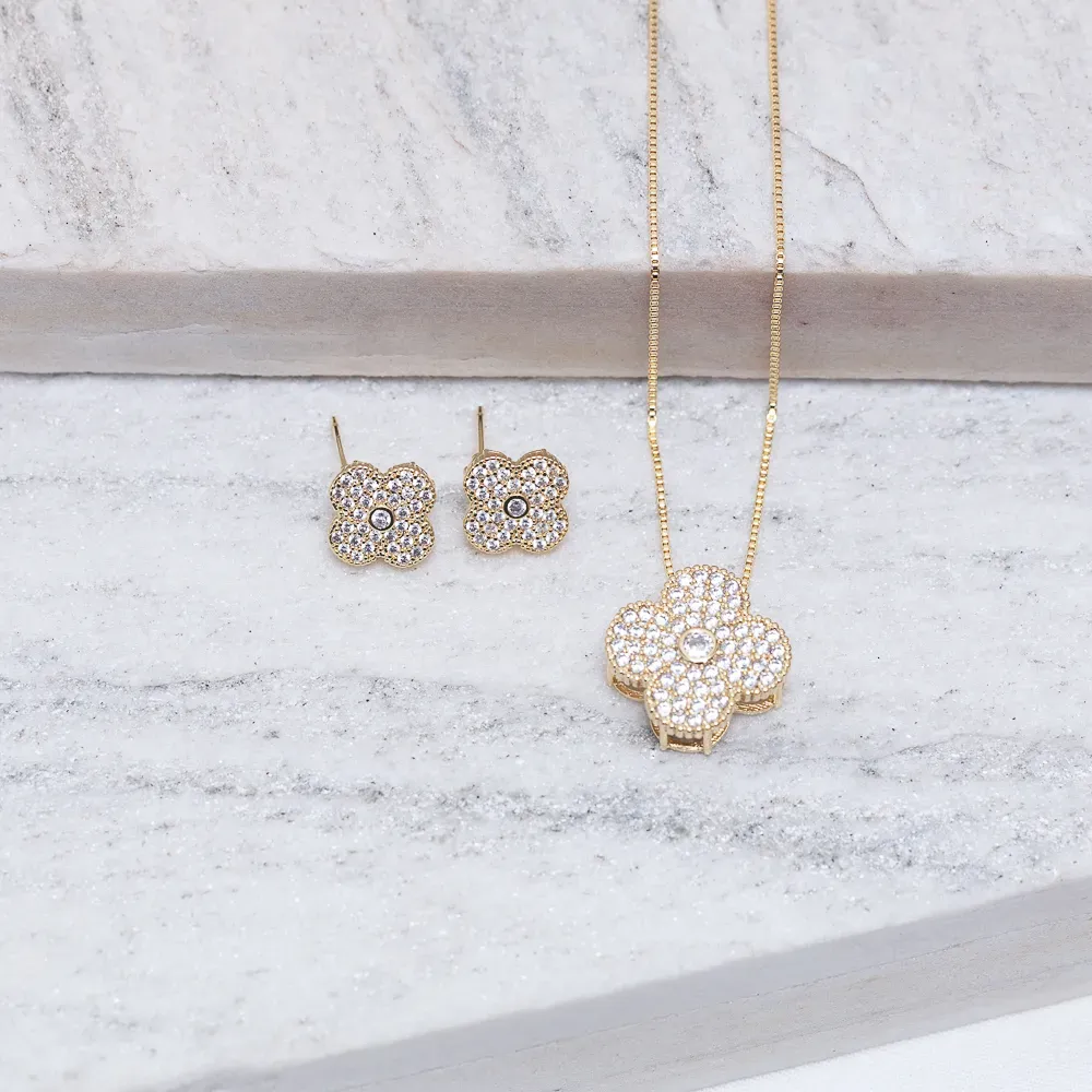 CONJUNTO VIRGINIA CRAVEJADO BANHO OURO 18K