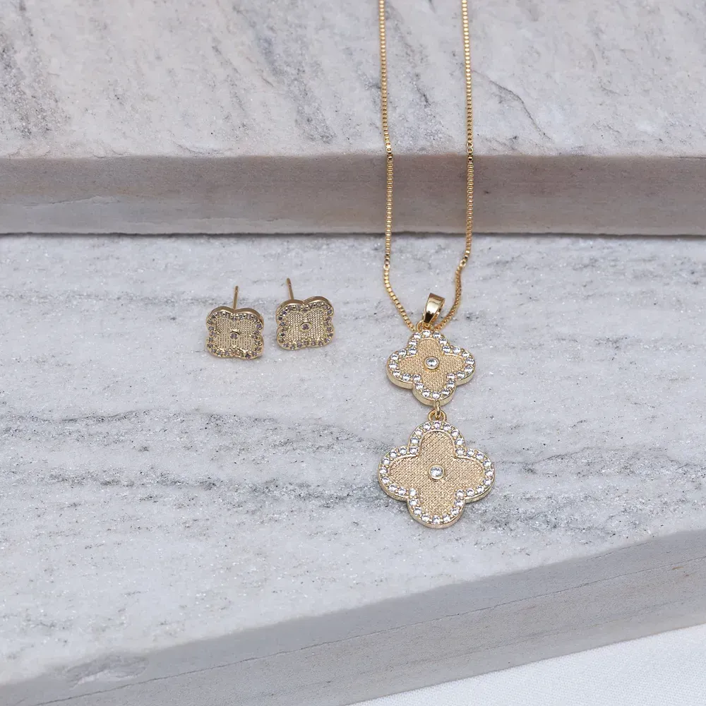 CONJUNTO VIRGINIA DUPLO  COM ZIRCÔNIAS BANHO OURO 18K
