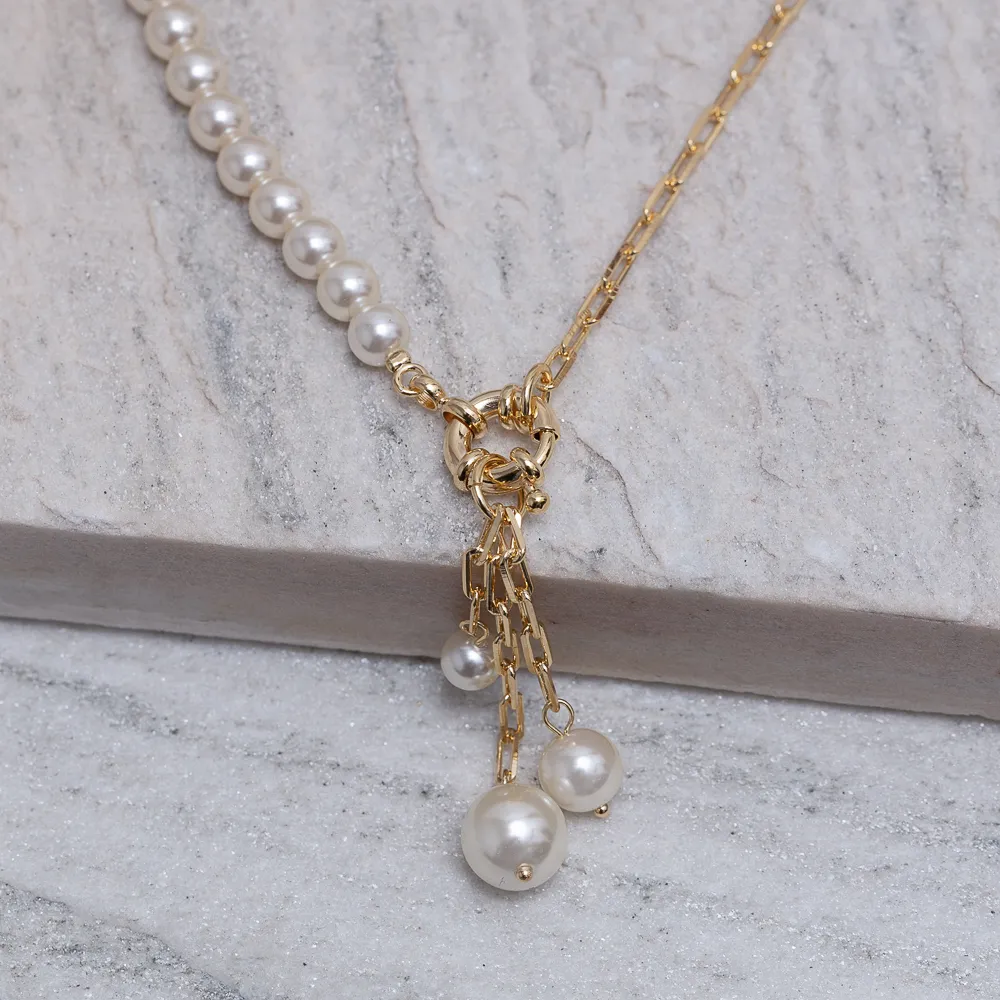COLAR ELOS CARTIER E PÉROLAS COM FECHO BOIA BANHO OURO 18K
