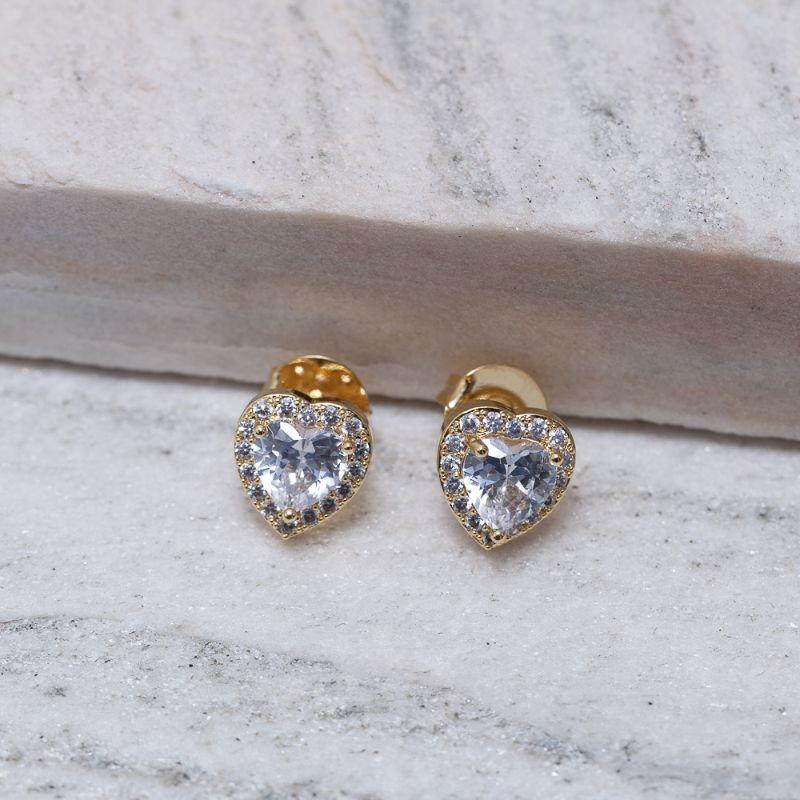 BRINCO CORAÇÃO P COM PEDRA CRISTAL BANHO OURO 18K