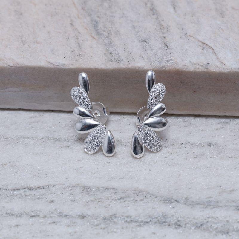 BRINCO EAR CUFF FOLHAS LISAS E CRAVEJADAS BANHO PRATA