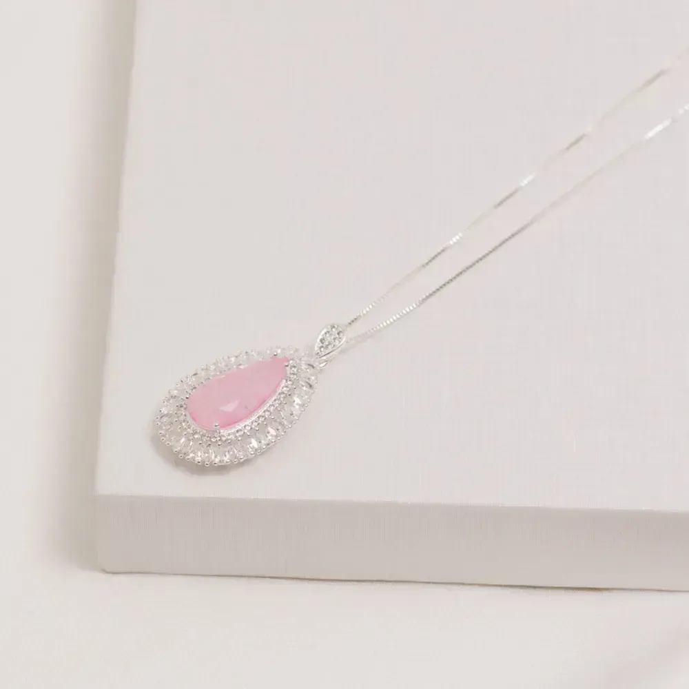 COLAR GOTA COM ZIRCÔNIAS E PEDRA ROSA CLARO M BANHO PRATA