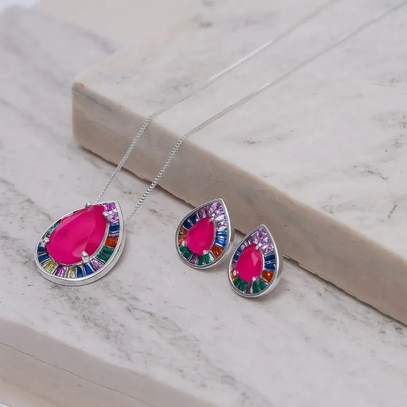 CONJUNTO ZIRCÔNIA COLORIDA GOTA ROSA IOGURTE BANHO PRATA