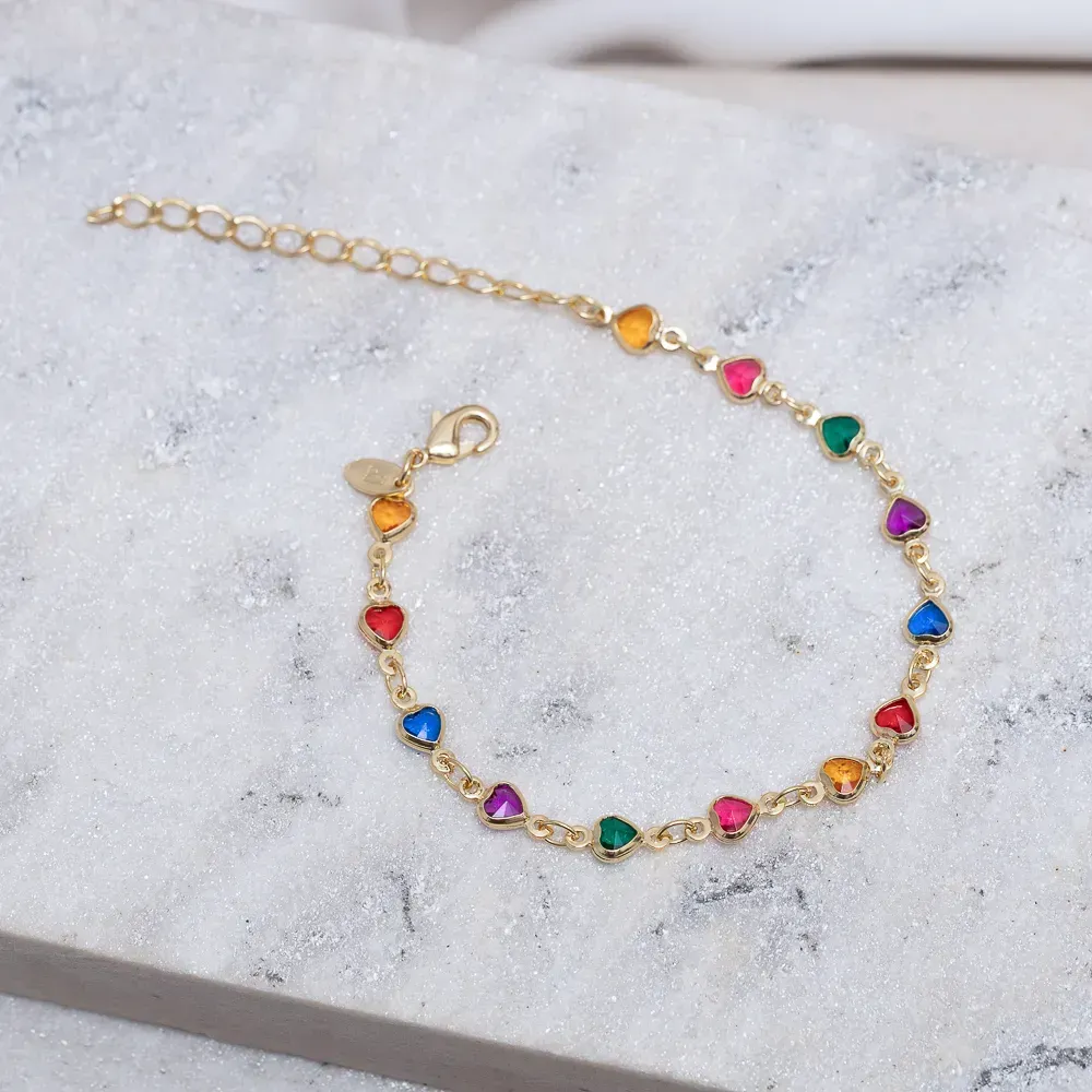 PULSEIRA CORAÇÕES COM PEDRAS COLORIDAS BANHO OURO 18K