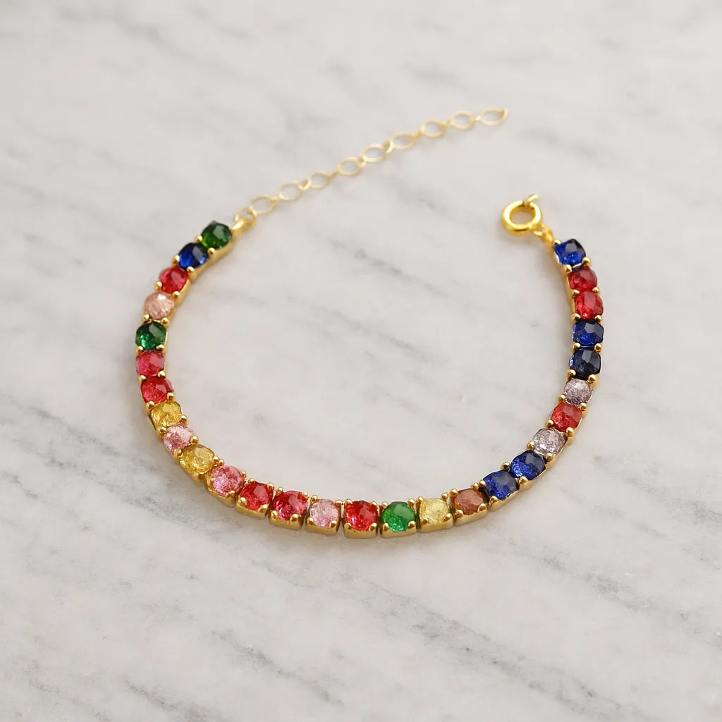 PULSEIRA RIVIERA COM ZIRCÔNIAS COLORIDAS M BANHO OURO 18K