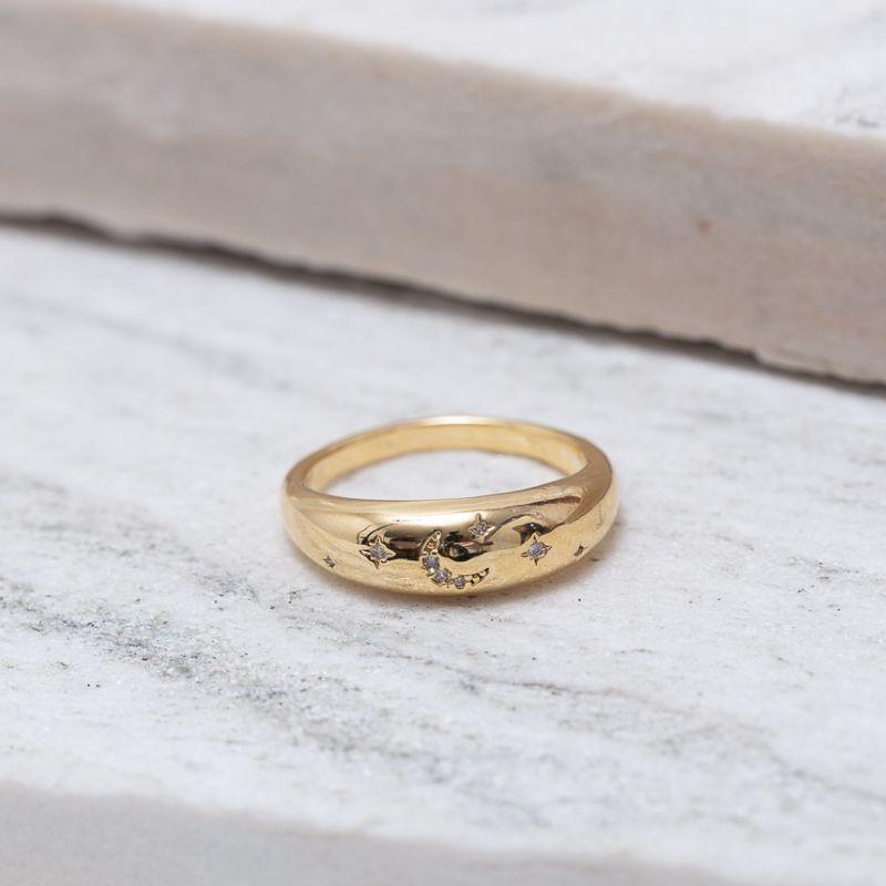 ANEL COM ESTRELAS E LUA CRISTAL BANHO OURO 18K
