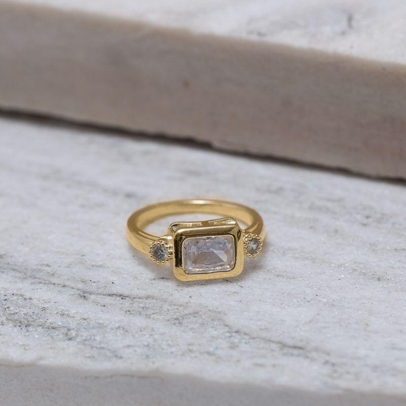 ANEL QUADRADO COM PEDRA CRISTAL BANHO OURO 18K