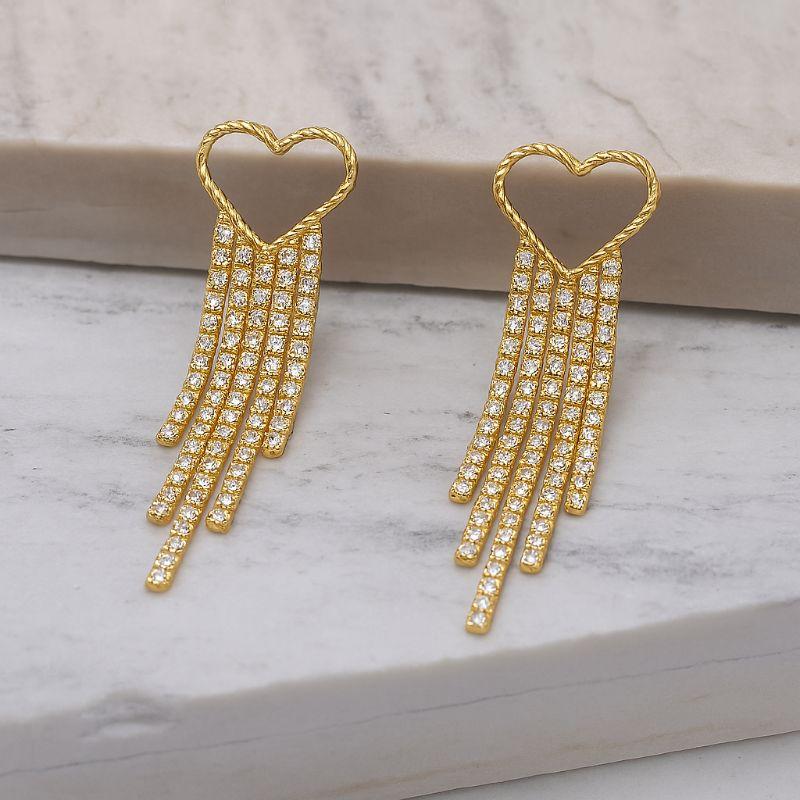 BRINCO FESTA FRANJA BASE CORAÇÃO COM ZIRCÔNIAS CRISTAIS BANHO OURO 18K