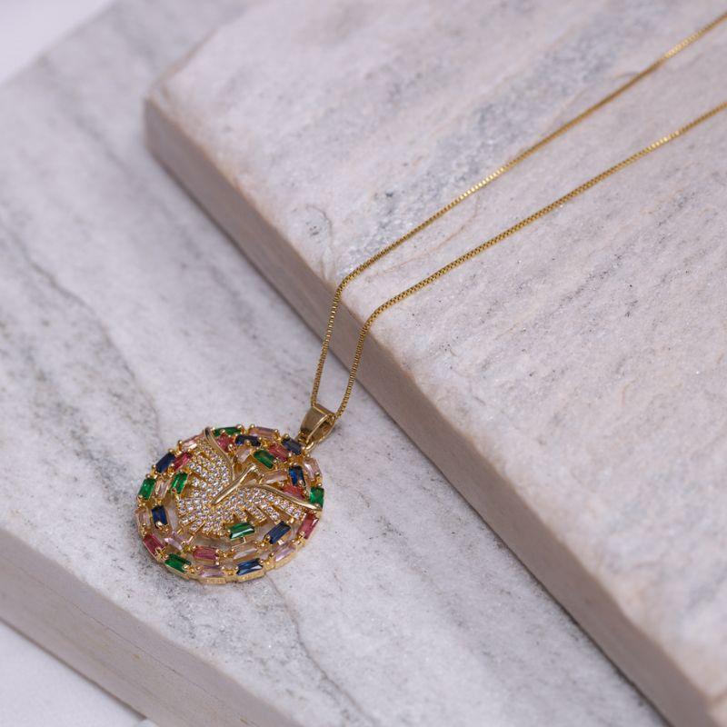 COLAR ESPÍRITO SANTO COM ZIRCÔNIAS NAVETE COLORIDO BANHO OURO 18K
