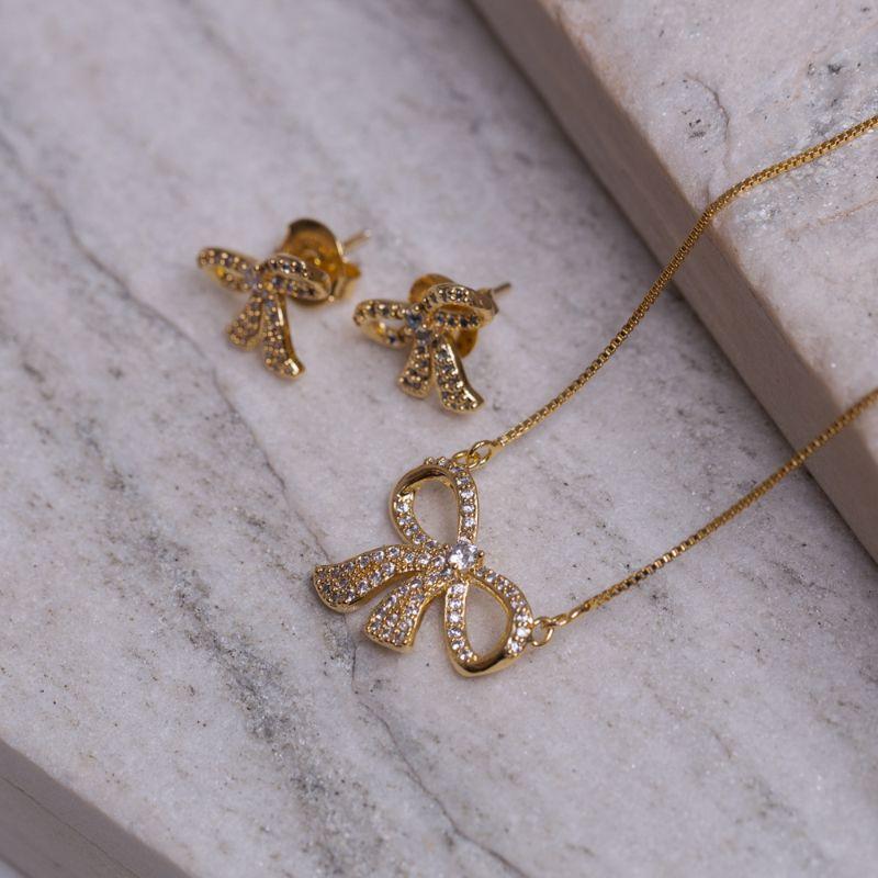 CONJUNTO LAÇO COM ZIRCÔNIAS CRISTAIS BANHO OURO 18K