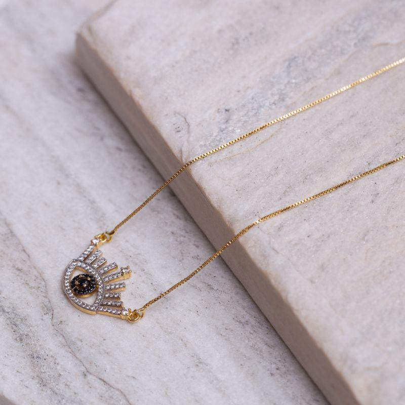 COLAR OLHO GREGO CRAVEJADO E COM CANETA RÓDIO BRANCO BANHO OURO 18K