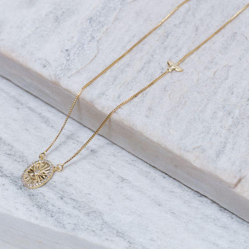 COLAR MEDALHA ESPÍRITO SANTO CRISTAL BANHO OURO 18K