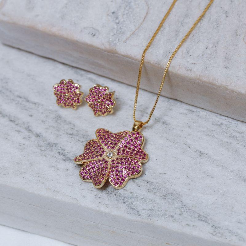 CONJUNTO FLOR DE AZALÉIA PINK BANHO OURO 18K