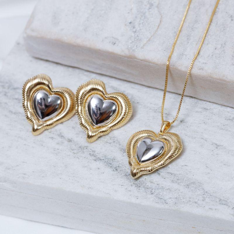 CONJUNTO FLOR DE MAGNÓLIA COM RÓDIO BRANCO BANHO OURO 18K