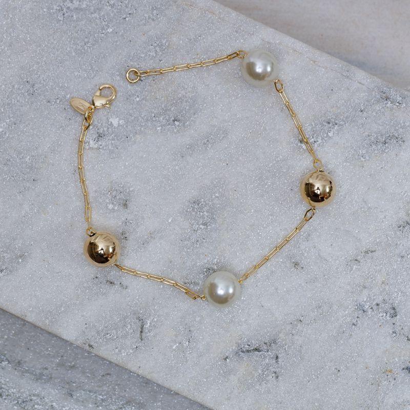 PULSEIRA BOLA LISA E COM PÉROLAS BANHO OURO 18K