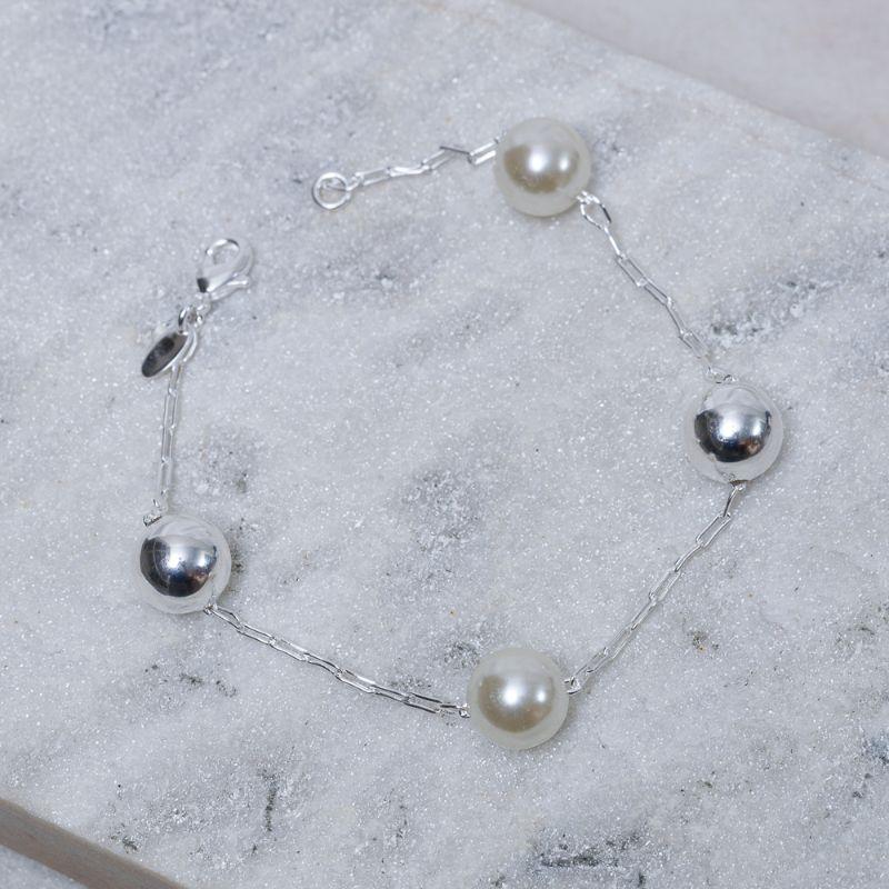 PULSEIRA BOLA LISA E COM PÉROLAS BANHO PRATA