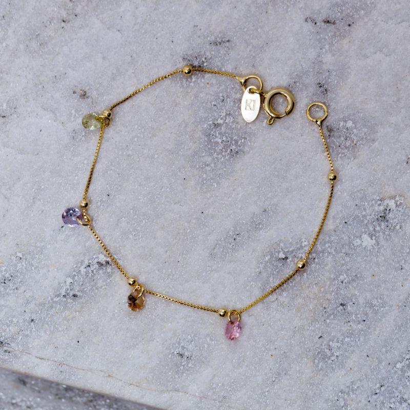 PULSEIRA INFANTIL BOLINHAS E PEDRAS COLORIDAS BANHO OURO 18K