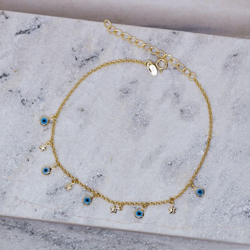 TORNOZELEIRA OLHO GREGO E ESTRELAS BANHO OURO 18K