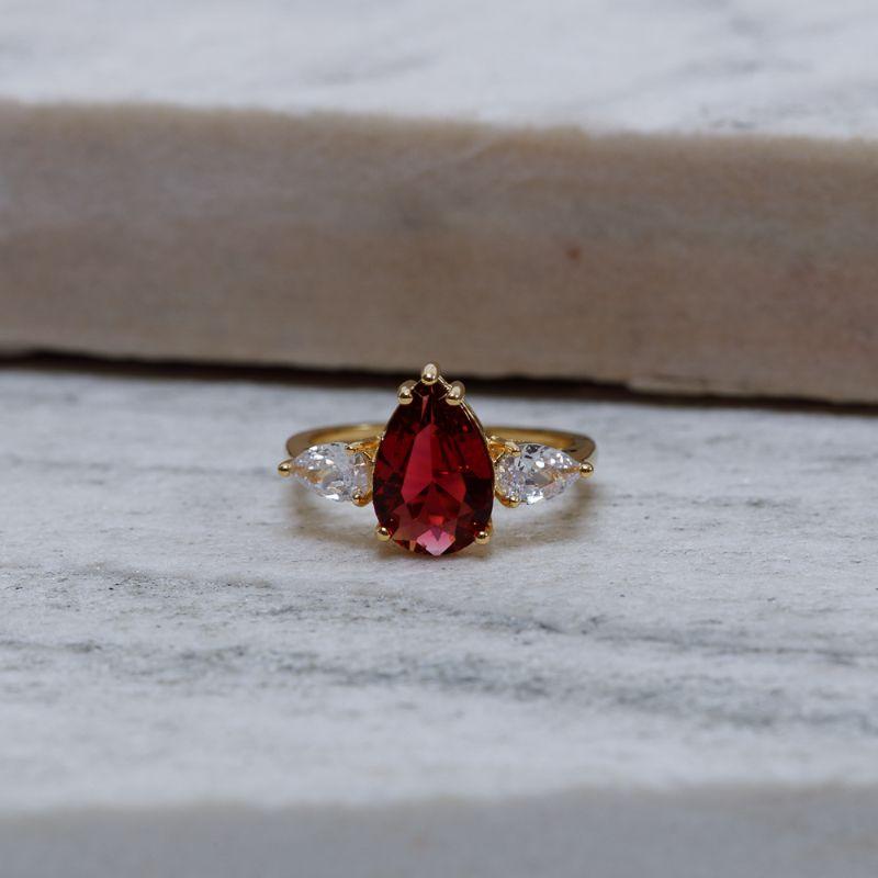 ANEL FORMATURA GOTA VERMELHO RUBI BANHO OURO 18K