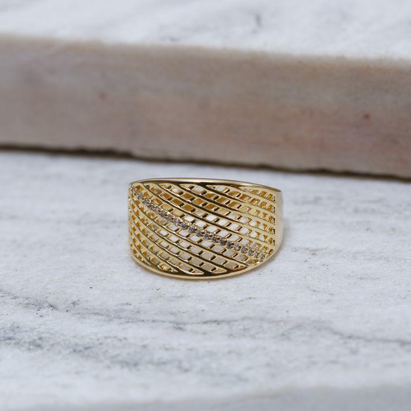 ANEL ARAMADO COM ZIRCÔNIAS BANHO OURO 18K