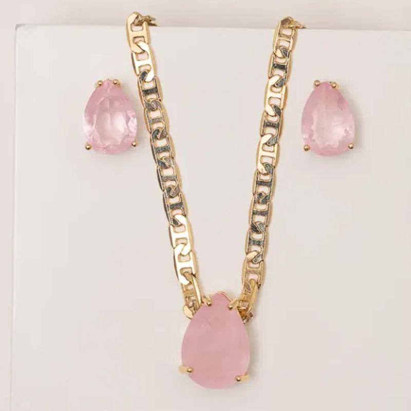 CONJUNTO GOTA PEDRA ROSA CLARO CORRENTE PIASTRINE BANHO OURO 18K