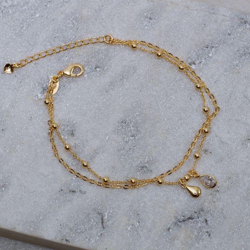 PULSEIRA DUPLA BOLINHAS E GOTA CRISTAL BANHO OURO 18K