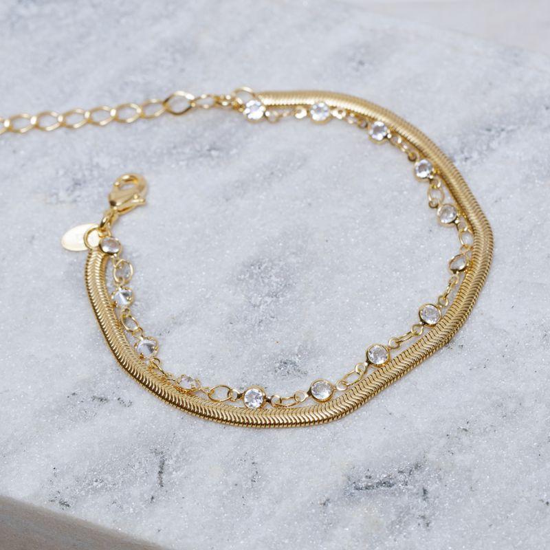 PULSEIRA DUPLA FIO ALEMÃO E CRISTAIS BANHO OURO 18K