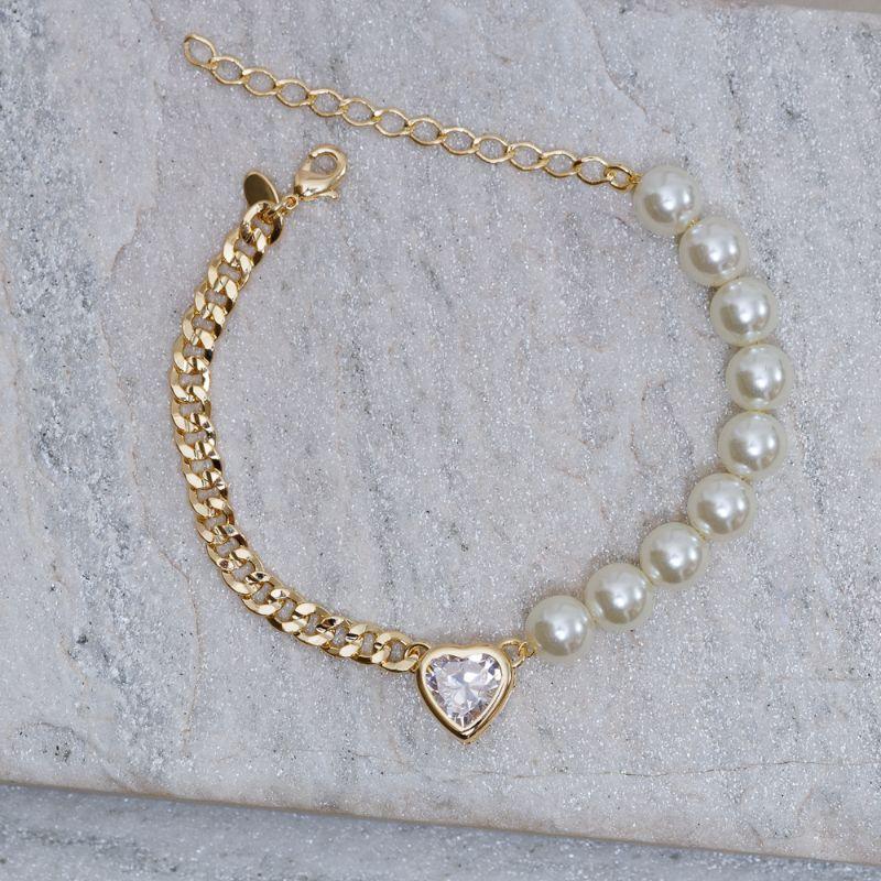 PULSEIRA ELOS GRUMET E PÉROLAS COM CORAÇÃO CRISTAL BANHO OURO 18K