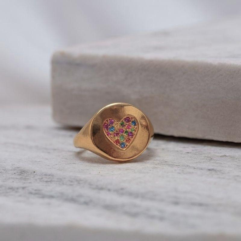 ANEL CORAÇÃO COM ZIRCÔNIA COLORIDA BANHO OURO 18K