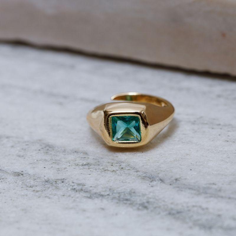 ANEL DEDINHO QUADRADO VERDE REGULÁVEL BANHO OURO 18K