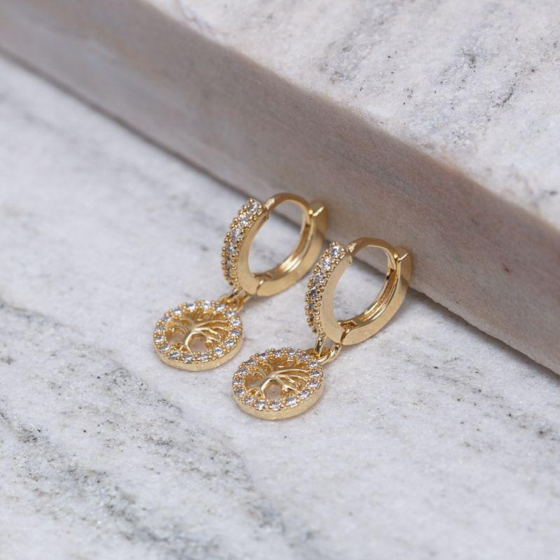 BRINCO ARGOLINHA ÁRVORE DA VIDA COM ZIRCÔNIAS BANHO OURO 18K