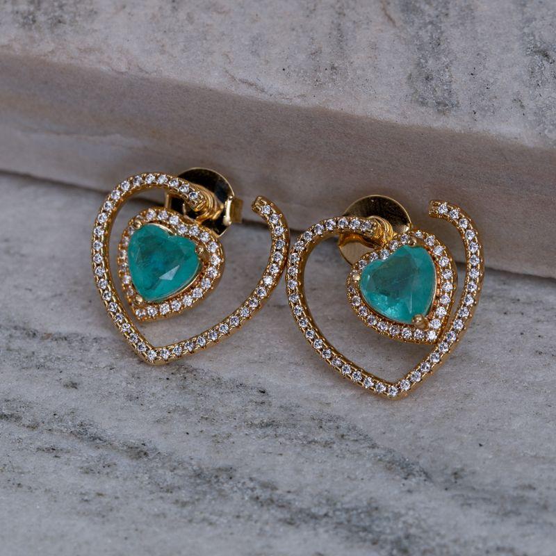 BRINCO CORAÇÃO 2 EM 1 COM PEDRA VERDE TIFANNY BANHO OURO 18K