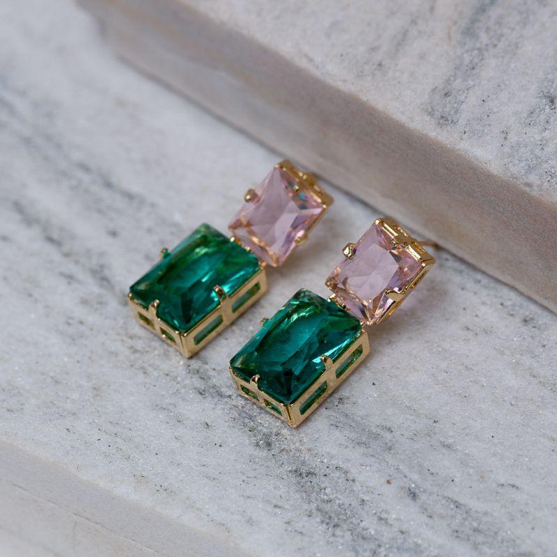 BRINCO QUADRADO DUPLO PEDRA VERDE E ROSA CLARO BANHO OURO 18K