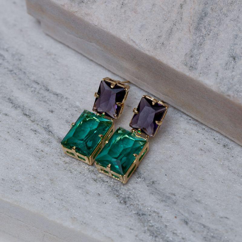 BRINCO QUADRADO DUPLO PEDRA VERDE E ROXO BANHO OURO 18K