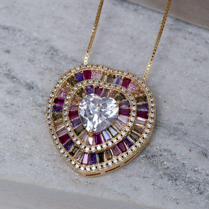 COLAR CORAÇÃO GRANDE COM ZIRCÔNIAS COLORIDAS BANHO OURO 18K